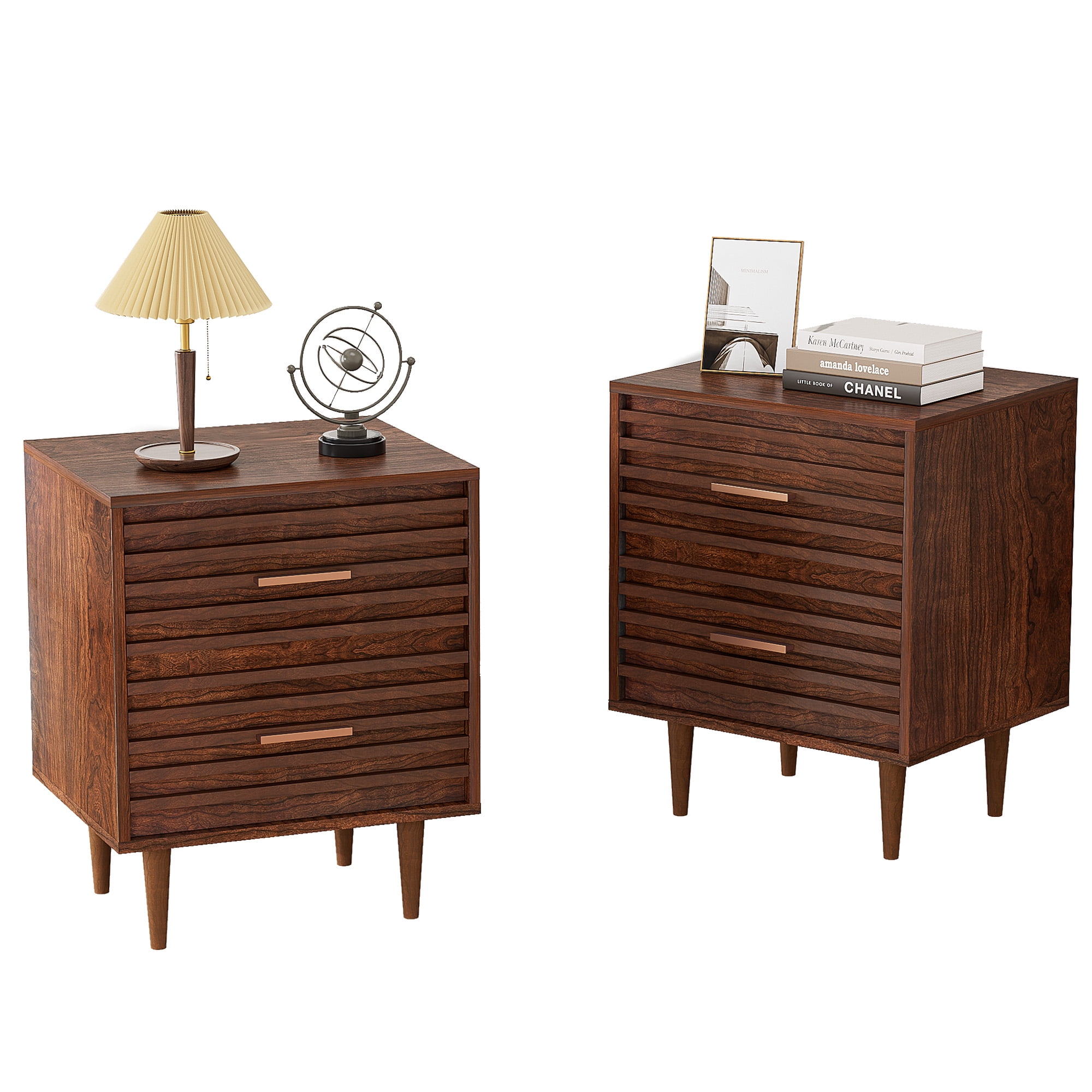 Alohappy Nightstands Set of 2, Mid Century Modern End Table with 2 Drawers, Vintage Wood Accent Side-Table for Living Room, Adult's Bedroom (Rustic Brown)