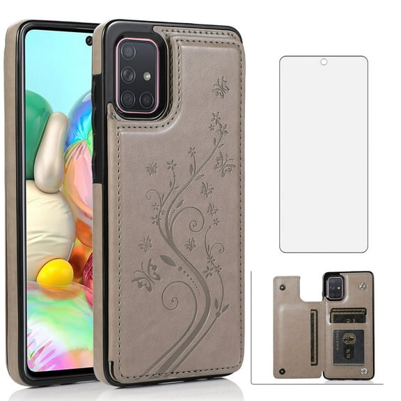 Asuwish Compatible with Samsung Galaxy A71 4G Wallet Phone Case Tempered Glass Screen Protector and Flower PU Leather Credit Card Holder Stand Slot Cell Cover for A 71 71A S71 A715F Women Men Grey