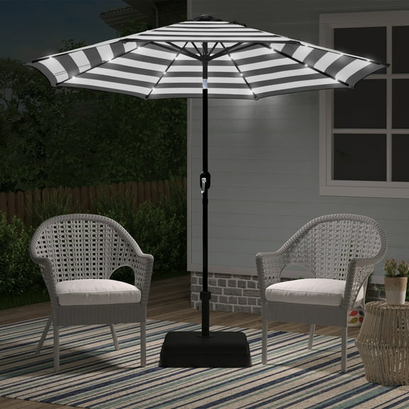 Abble 9' Black and White Striped Octagon Lighted Patio Umbrella, LED Lights