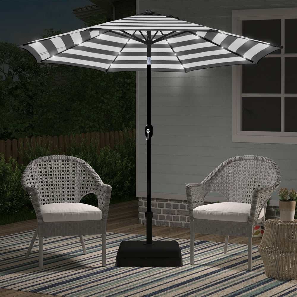 Abble 9 Feet Crank & Tilt Lighted Patio UmbrellaBlack & White Stripe