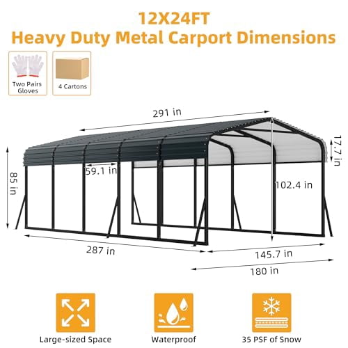 12 x 24 FT Metal Carport with Galvanized Steel Roof, Heavy Duty Metal Roof Carport with Enhanced Base, Tall Kits Garage for Tractors, Trucks, Boats, Cars