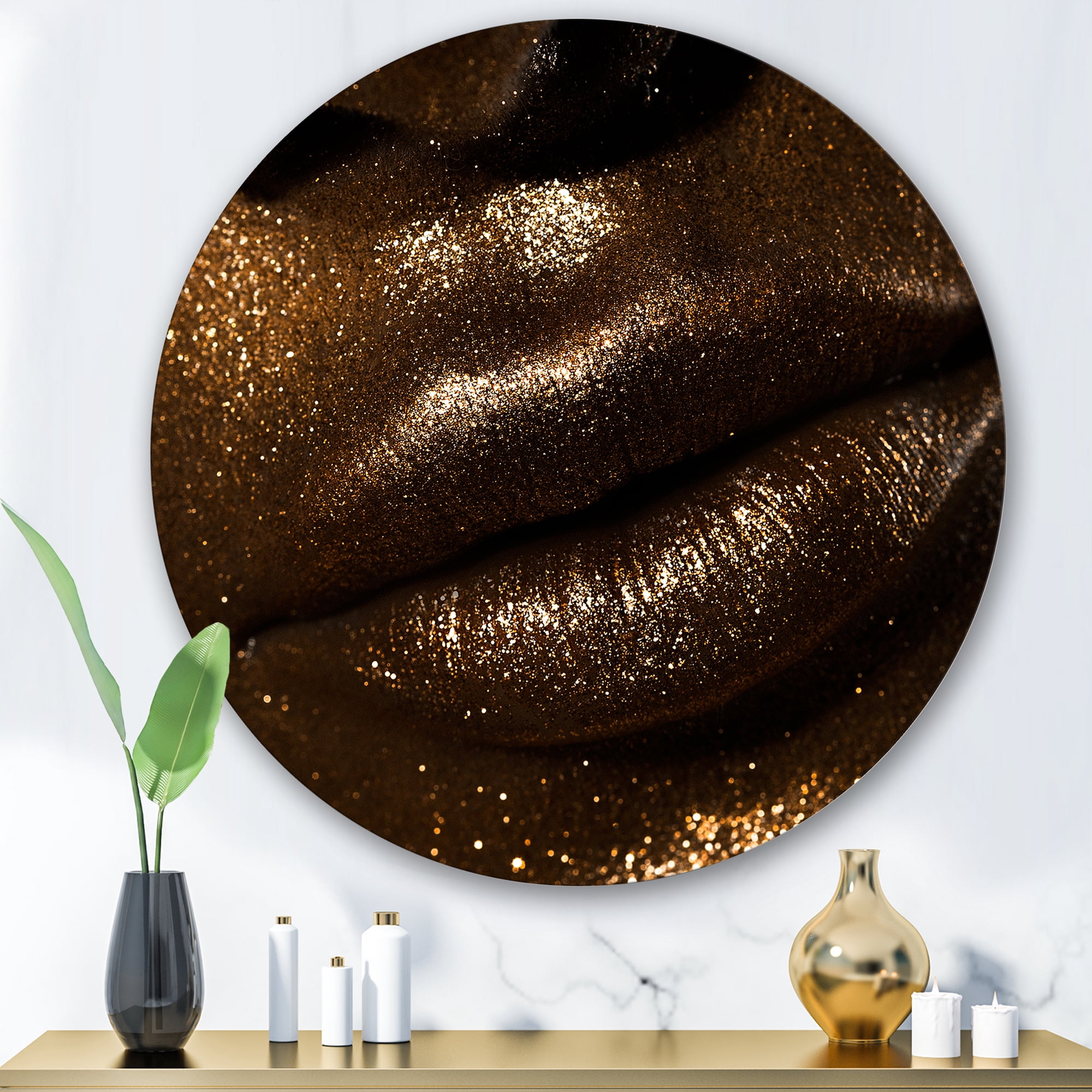 Designart 'Girl Lips With Glitter and Spangle' Modern Circle Metal Wall Art 36x36 - Disc of 36