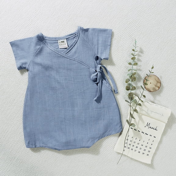 Infant Linenr Wrap Romper Kimono-Style Bodysuit with Short Sleeves Breathable Everyday Outfit for Babies Blue 12-18 Months