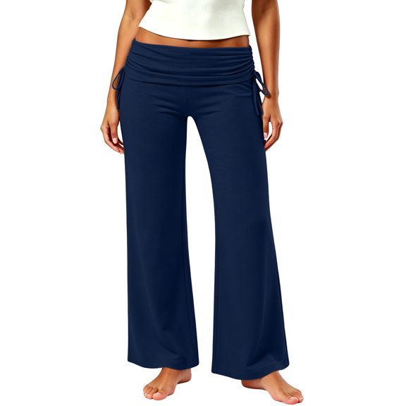 Costeam Womens Fold Over Waist Wide Leg Pants Side Adjustable Drawstring No Pockets Solid Color Soft Knit Casual Loungewear Yoga Trousers