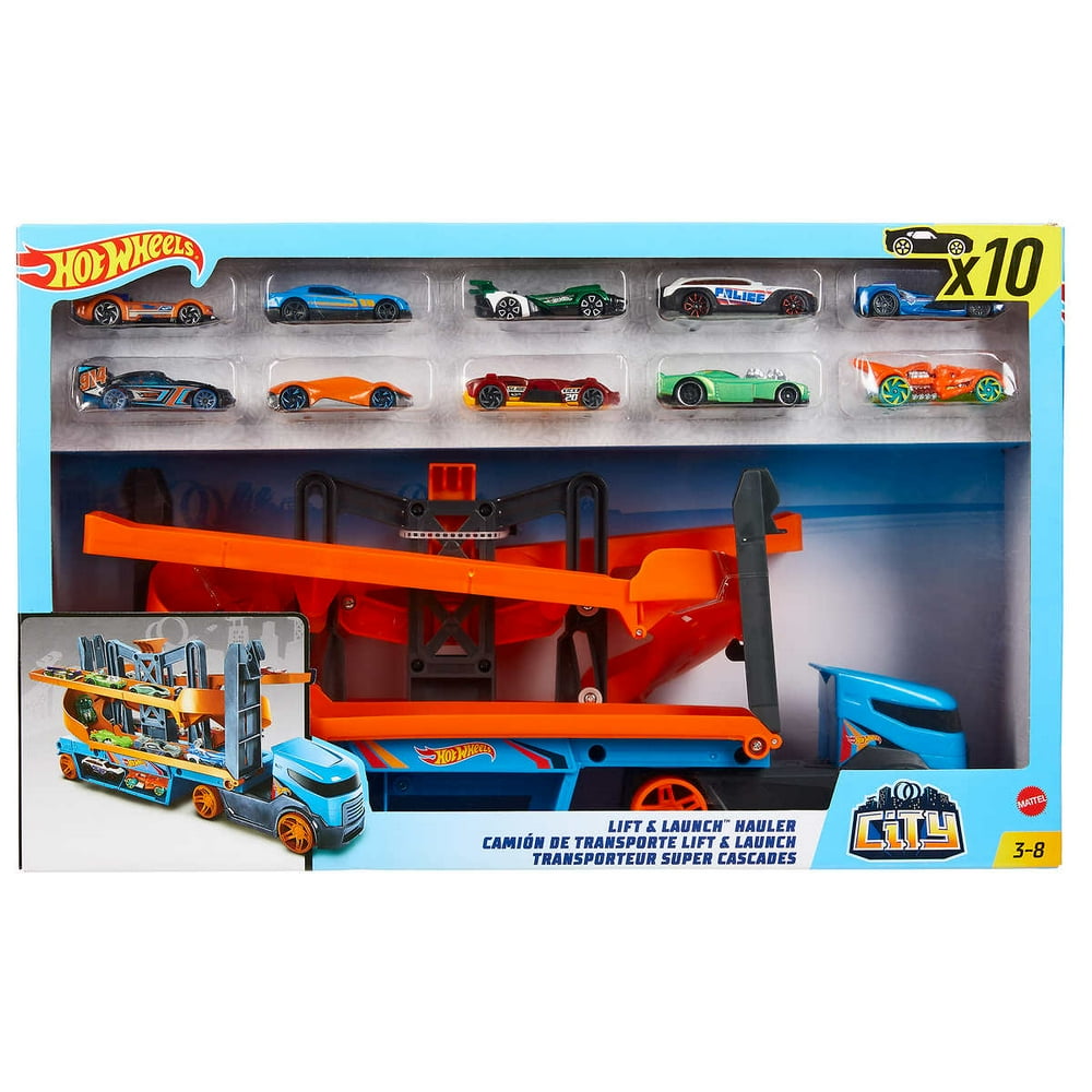 Hot Wheels Lift and Launch Hauler with 10 Hot Wheels Vehicles Walmart