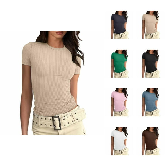 T Shirts for Women 2025 Y2K Short Sleeve Crewneck Slim Fit Tight Ribbed Plain Cropped Tshirt Tees Womens T Shirts