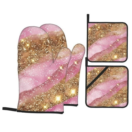 

Oven Mitts and Pot Holders Sets 4 pcs Pink and Gold Glam Glitter Non-Slip Oven Gloves Potholders Soft Quilted Lining Heat Resistant Gloves Hot Pads for Kitchen Cooking Baking