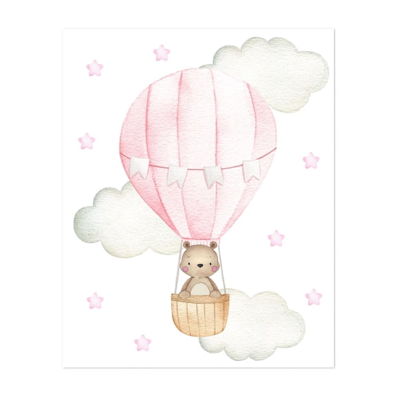 Pink Hot Air Balloon, Bear, Forest Animals, Woodland Animals, Girl Nursery - Illustration Watercolor Hot Air Balloon Whimsical Pastel Animal Unframed Wall Art Print 6 x 8 inches
