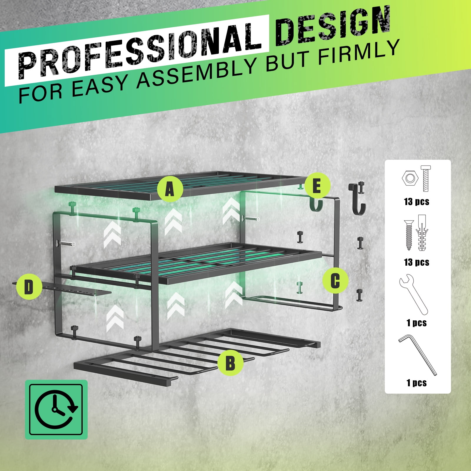 Yeabett Power Tool Organizer, 3 Layers Storage Rack with 4 Drill Holders, Heavy Duty Metal Floating Tool Shelf Garage Wall Mounted, 150Lbs Load Capacity