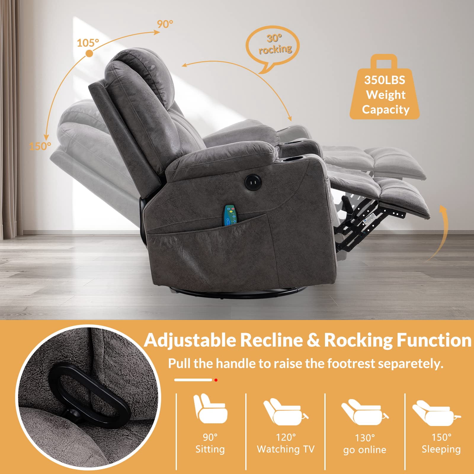 W WARMHOL Swivel Rocker Recliner Chair - Manual Glider Rocking Recliner Chair with Heated Massage Ergonomic Lounge Reclining Chair with 4 Pockets/Cup Holders/Remote Control/USB Ports (Gray)