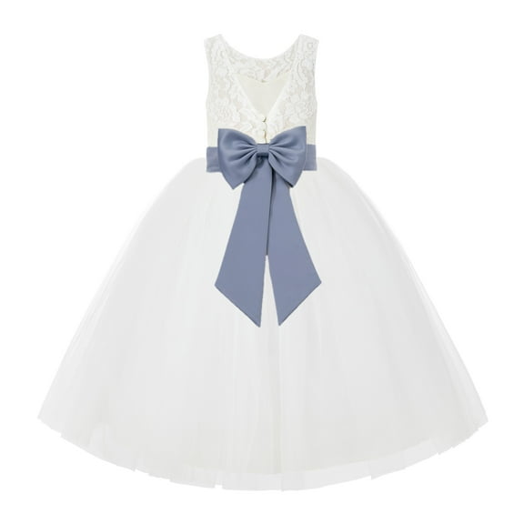 Ekidsbridal Girl Wedding Flower Girl Dress - V-Back Ivory Lace Tulle with Bow Sash 212noFT-A (Size: 2-10)