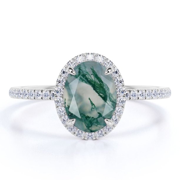 JeenMata Anillo de Compromiso de 1,50 Quilates con Halo Pavé de Moissanita y Ágata Verde Musgo Dendrítica Blanca Lechosa Natural Ovalada de 4 Puntas en Baño de Oro Blanco de 18 K sobre Plata