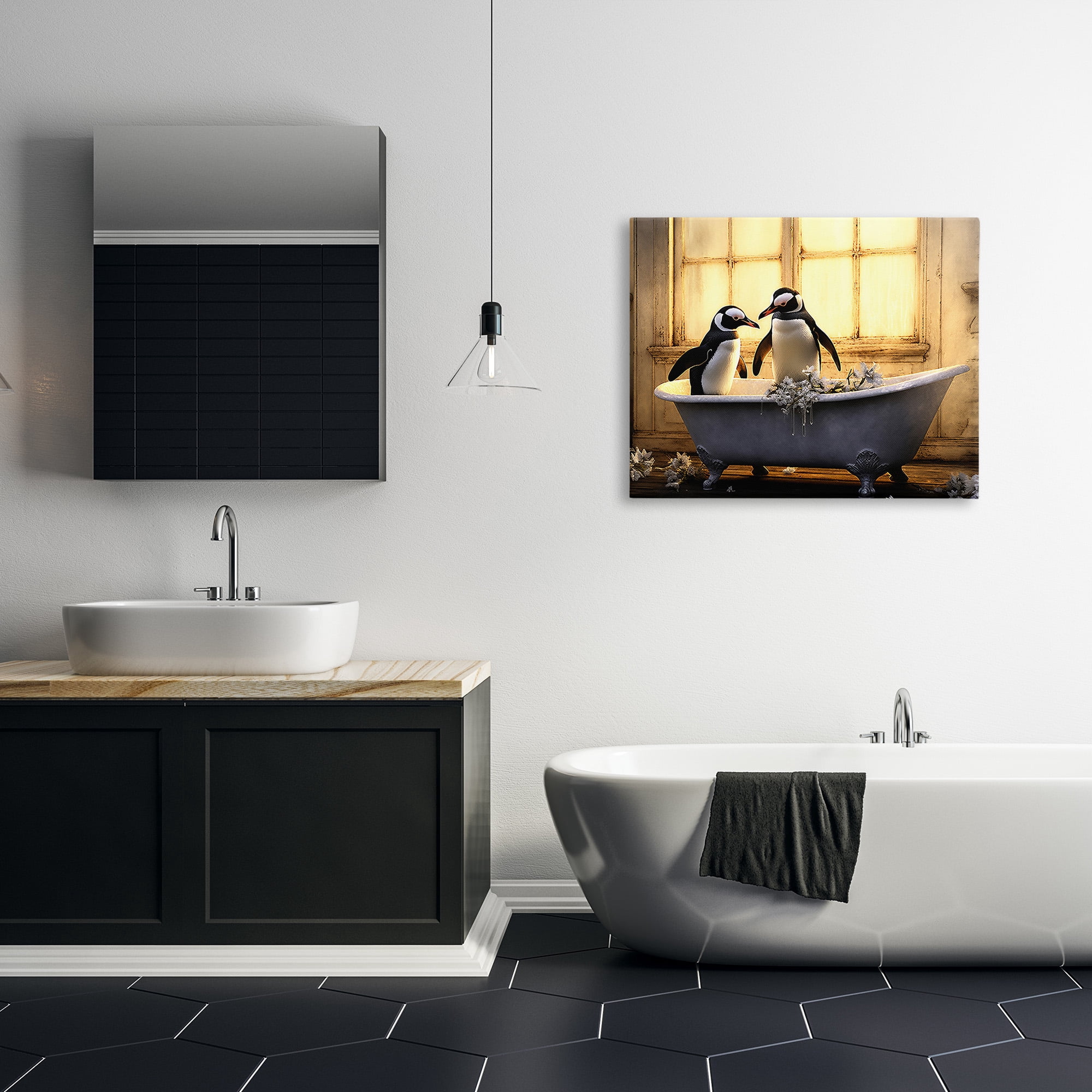 Stupell Industries Penguins in Sunlit Bath Animals & Insects Painting Gallery Wrapped Canvas Art Print Wall Art, 40 x 30