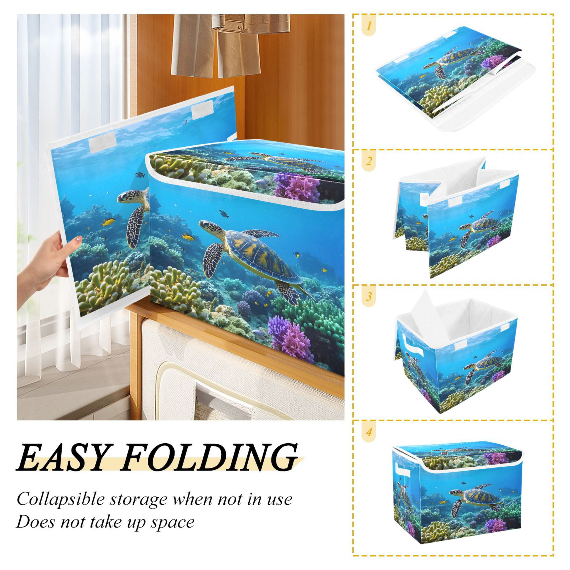 Ryvnso Turtle in Sea Large Lidded Foldable Storage Baskets Cubes Boxes Lids Bin for Home