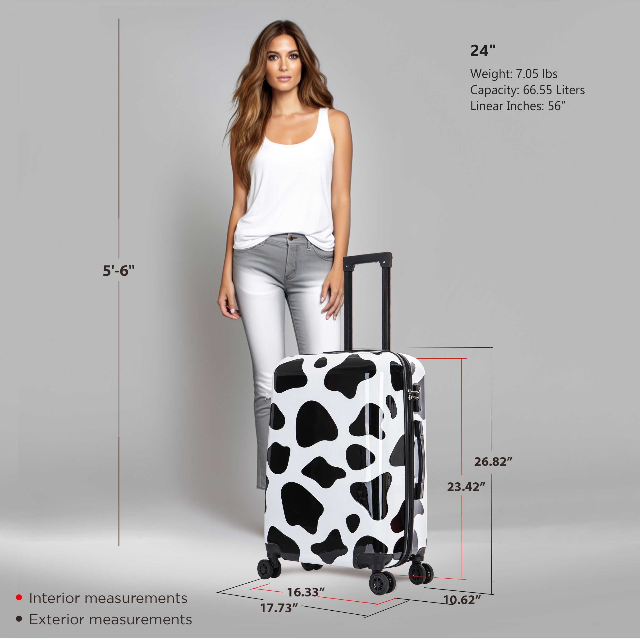 InUSA Print 24" Hardside Lightweight Luggage with Spinner Wheels, Handle and Trolley, Cow
