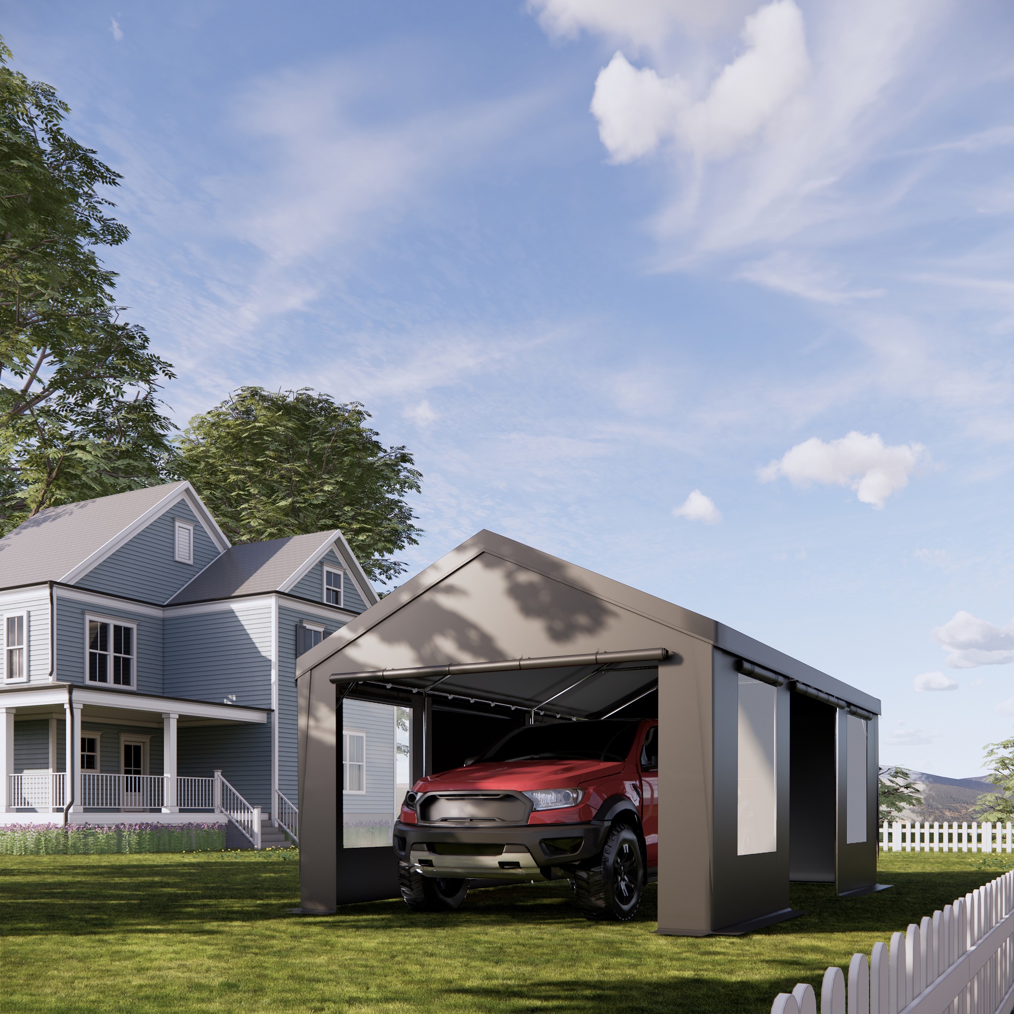 10'x 20' Heavy Duty Carport with Roll-up Ventilated Windows, Portable Garage with Removable Sidewalls & Doors for Car, Truck, Boat, Car Canopy with All-Season Tarp, Grey