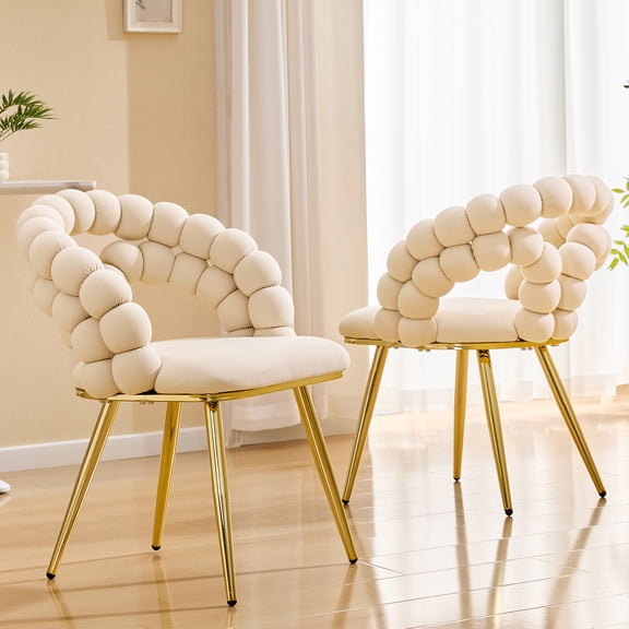 Peispie Modern Velvet Dining Chairs Set of 2 , Upholstered Bubble Back Accent Chairs with Metal Legs, Comfy Tufted Vanity Desk Chair for Living Room & Kitchen, Beige