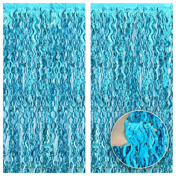 MEYSIMOON  2 Pack Wavy Blue Foil Fringe Curtain - 3.2x6.5 Feet Blue Water Beach Backdrop for Beach Party Decorations | Under The Sea Party Decorations | Summer Pool Party Decorations