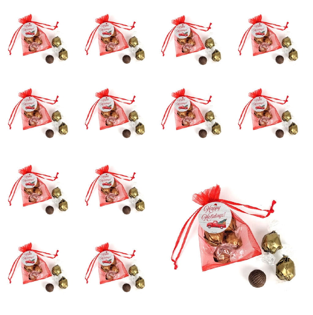 Happy Holidays Red Truck Red Organza Bag Favor Filled With Milk Chocolate Dubai Truffles For Gifting, Holiday Favors, Party Giveaways & More (12 Pack)