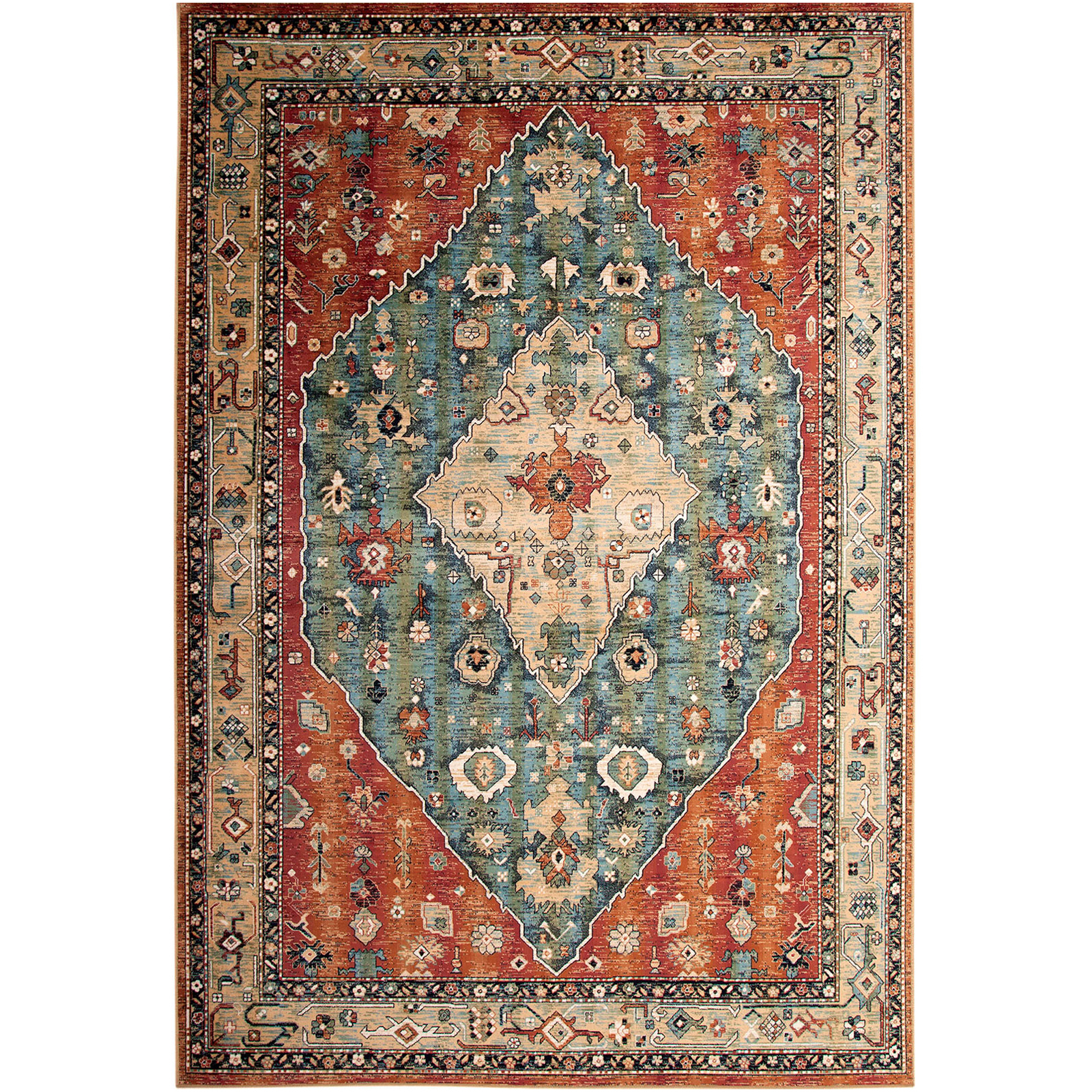 90 X 63 Inch Fabric Rug with Tribal Pattern and Jute Backing, Red and