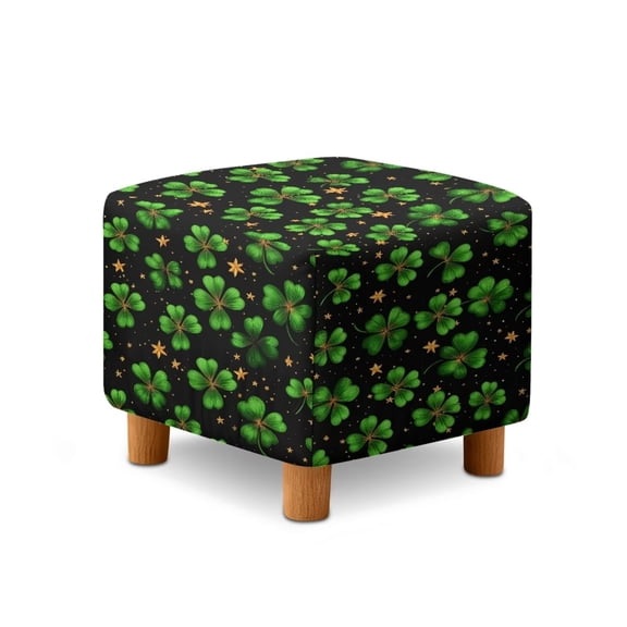 SCRAWLGOD St. Patrick's Day Four Leaf Clover Stars Print Green Black Stretch Ottoman Cover Square, Removable Footstool Slipcover for Living Room Washable Storage Stool Furniture Protector
