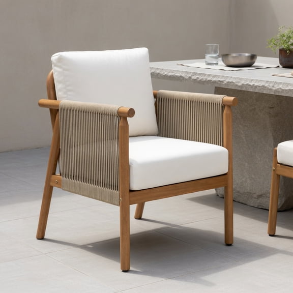Resenkos Thick Cushioned Outdoor Seating for Backyard, Porch, Woven Rope Armrests Acacia Wood Patio Chair, White