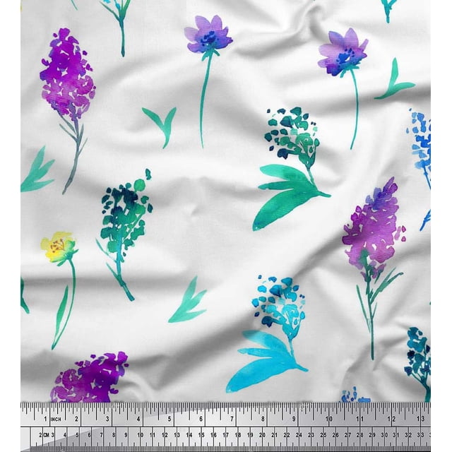 Soimoi polyester Crepe Fabric Flower & Leaves Watercolor Printed Fabric 1 Yard 52 Inch Wide