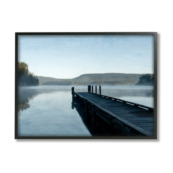 Stupell Industries Distant Lake Dock Landscape Painting Black Framed Art Print Wall Art, 14 x 11