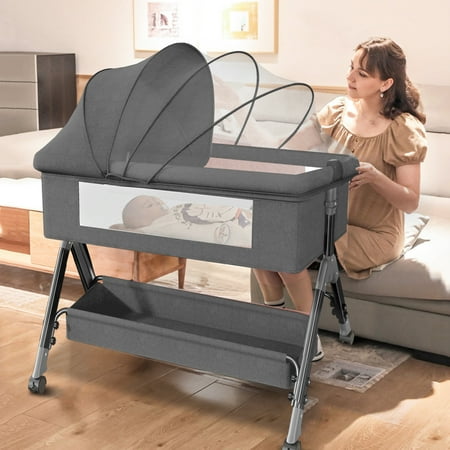 Baby Bassinet for Infant  Adjustable Bedside Bassinet with 360° Wheel and Storage Basket Crib for Newborns  Dark Gray