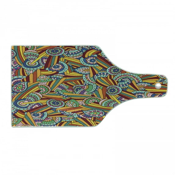Psychedelic Cutting Board, Funky and Hippie Composition with Abstract Folkloric Elements, Decorative Tempered Glass Cutting and Serving Board, Wine Bottle Shape, Multicolor, by Ambesonne