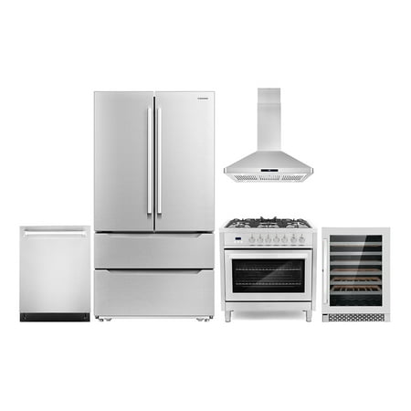 Cosmo 5 Piece Kitchen Appliance Package with 36  Freestanding Dual Fuel Range 36  Island Range Hood 24  Built-in Fully Integrated Dishwasher French Door Refrigerator & 48 Bottle Wine Refrigerator