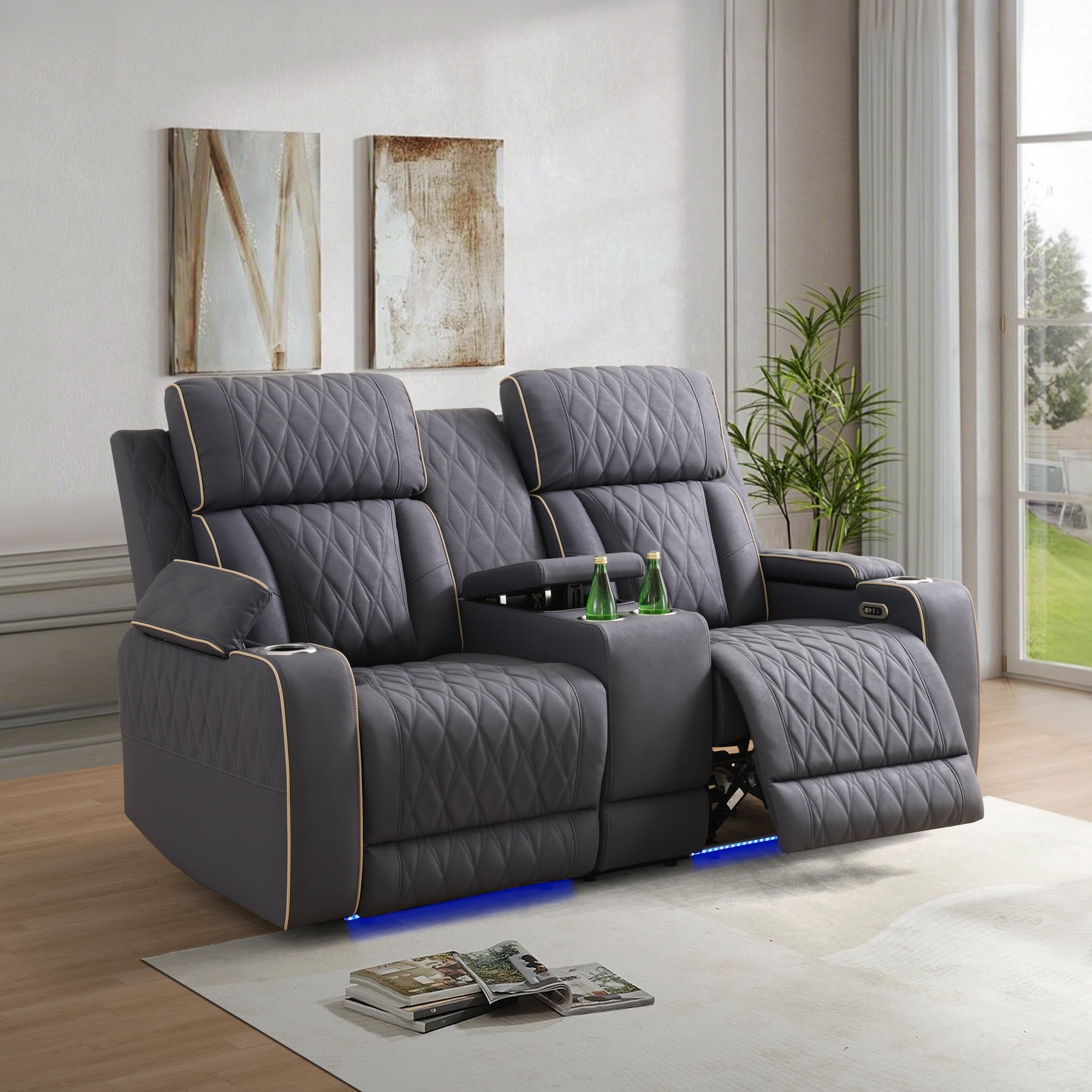 Gewnee Power Recliner Loveseat, LED Ambient Lights, Built in USB & Type‑C Ports, Hidden Storage, Home Theater Seating with Cup Holders, Matte Frosted Leather‑Blueish Grey