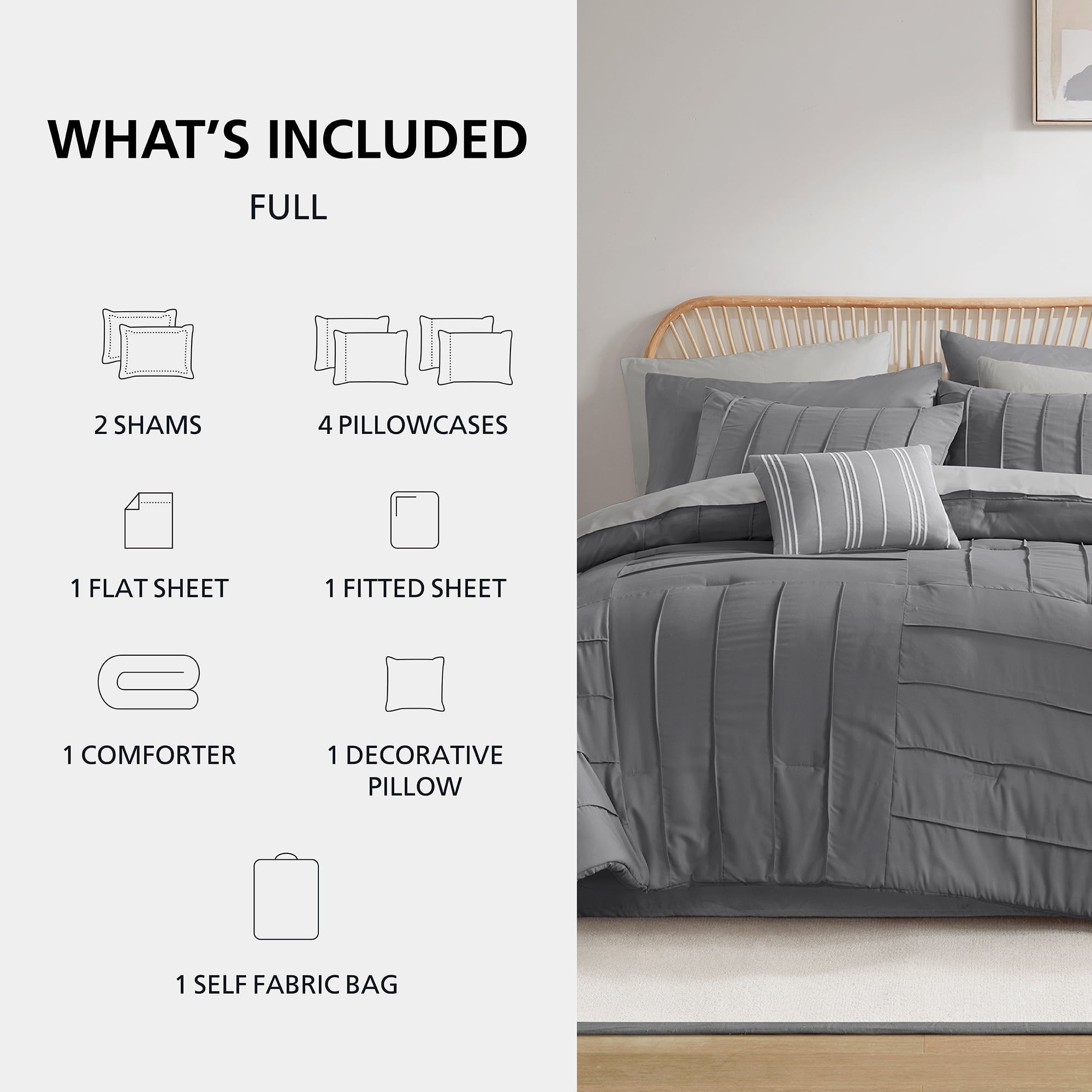 Mainstays All in One Reversible Comforter and Sheet set- 11 Piece, Full, Grey Texture