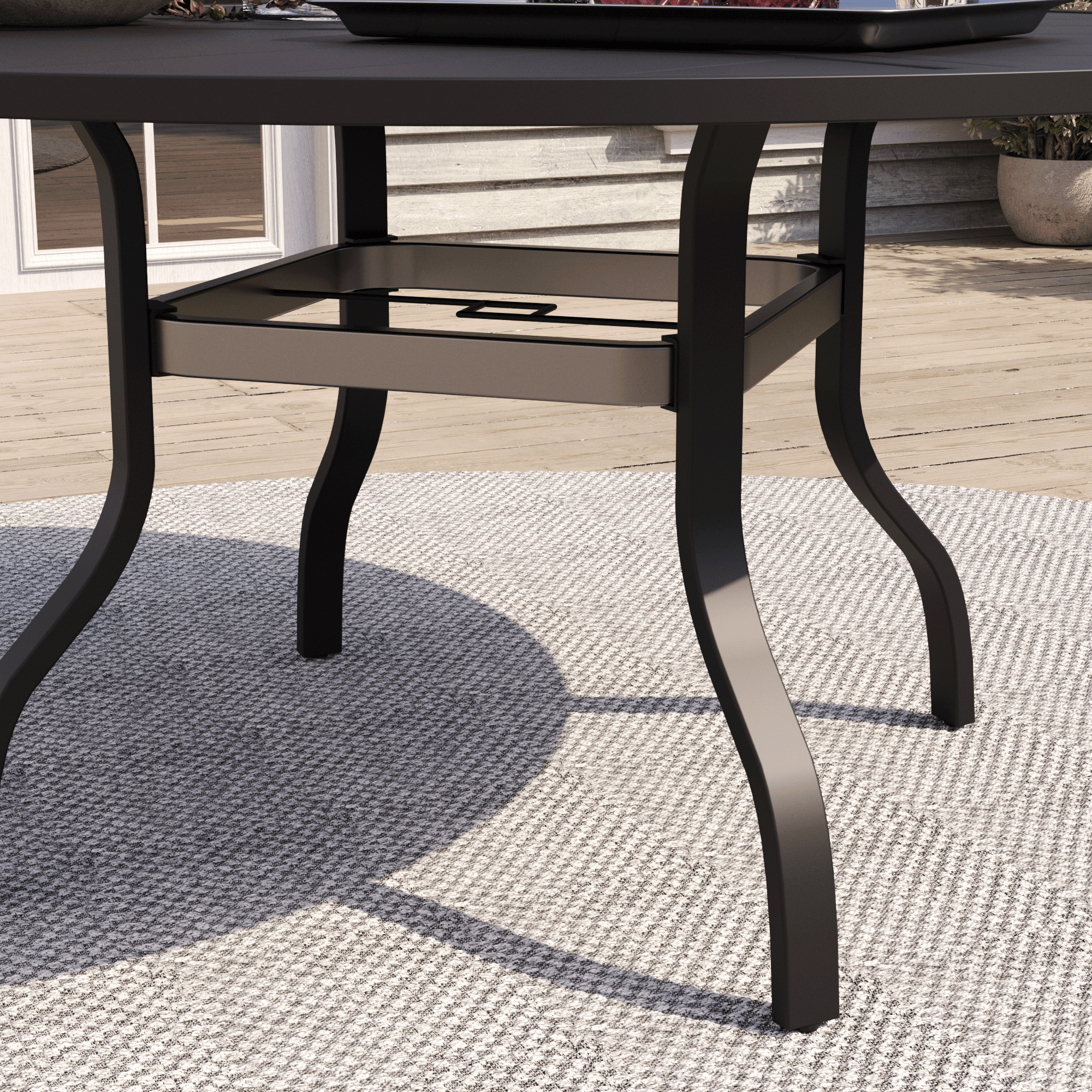 Patio Outdoor Dining Table Round for 4, Metal Steel Rectangle Furniture Table with Umbrella Hole for Garden Backyard, Black