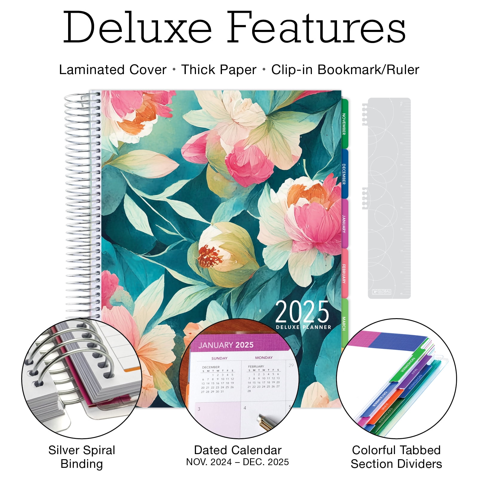Global Printed Products Deluxe 2025 Planner, 8.5"x11": 14 Months (Nov 2024 - Dec 2025), Teal Floral
