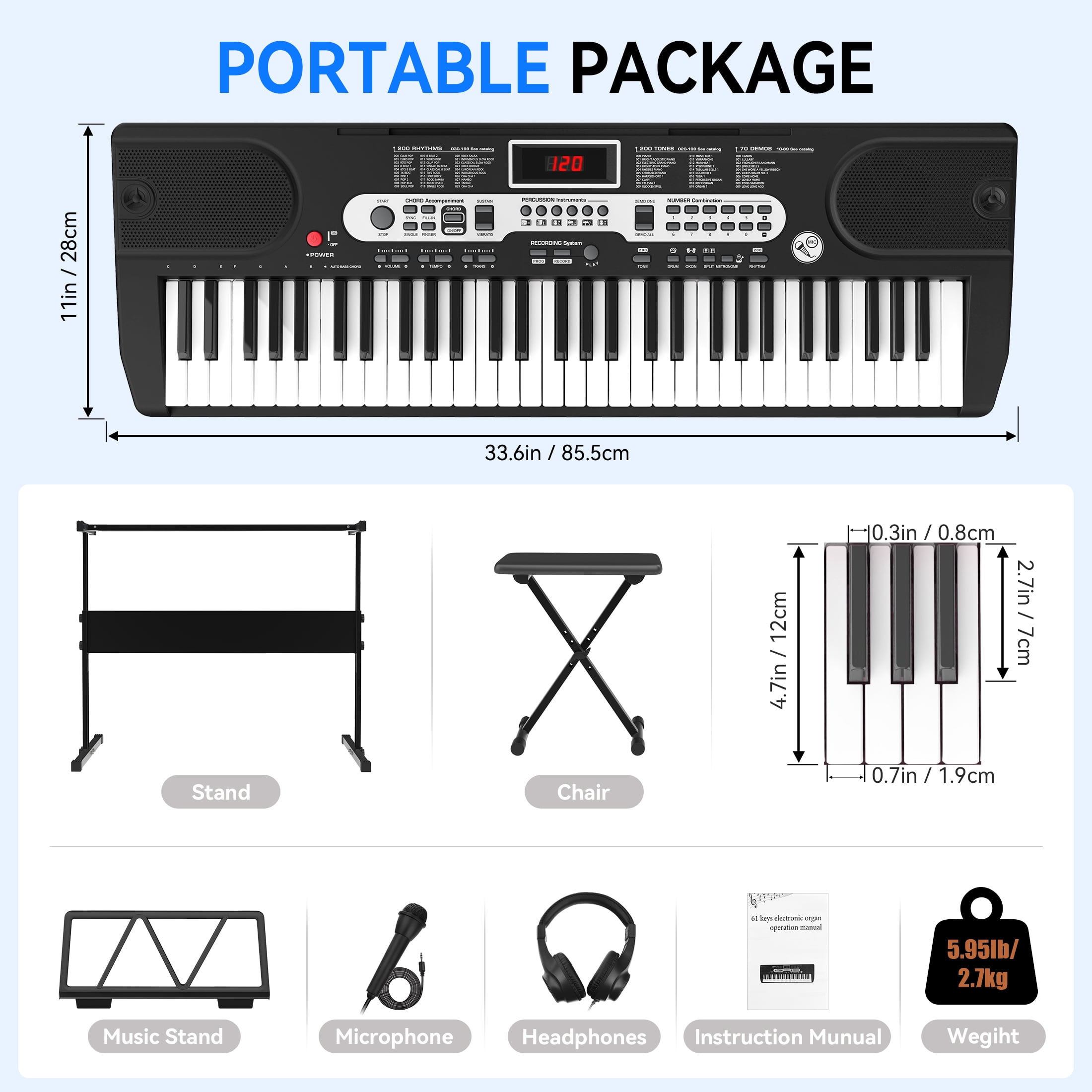 Furnibear 61-Key Piano Keyboard with Lighted Keys, Stand, Bench, Microphone, Headphone, Electronic Keyboard Piano Set, Black