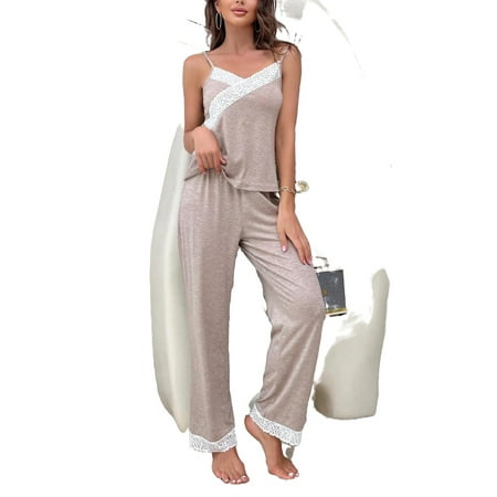 

Women s Pajama Sets Khaki Casual Colorblock Spaghetti Strap Pant Sets Sleeveless