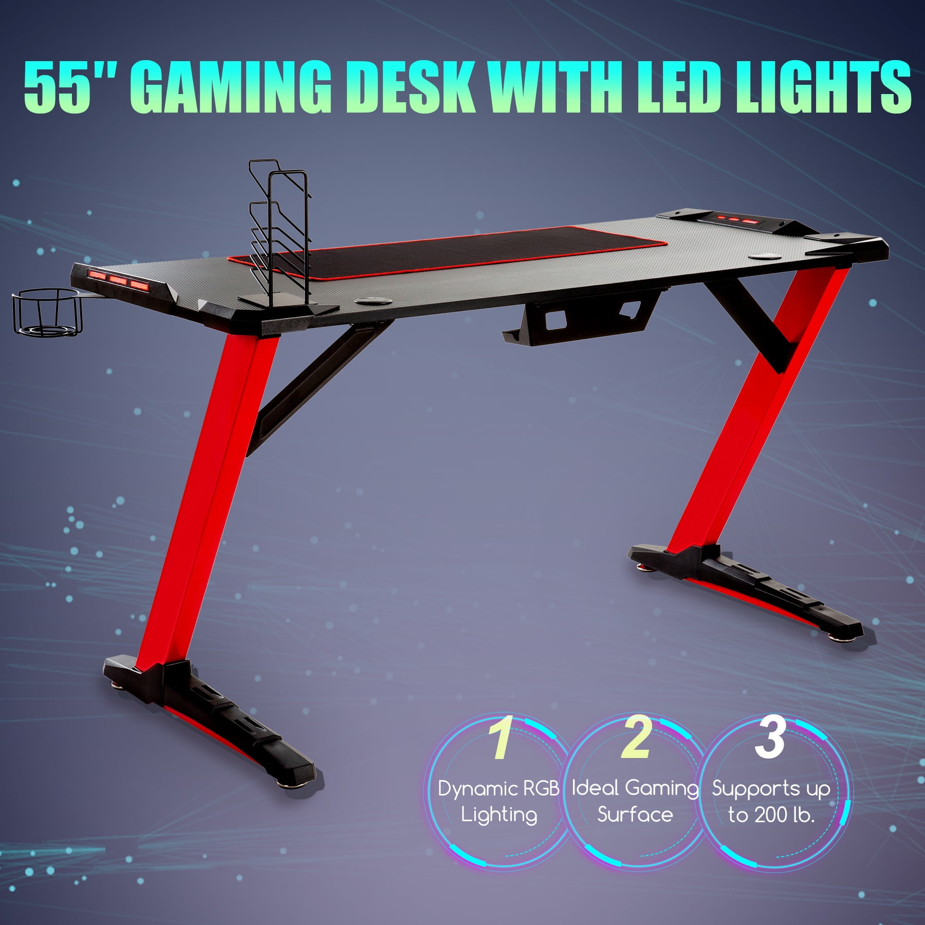 55" Computer Desk Gaming Desk w 6Color RGB Lighting for Home Office