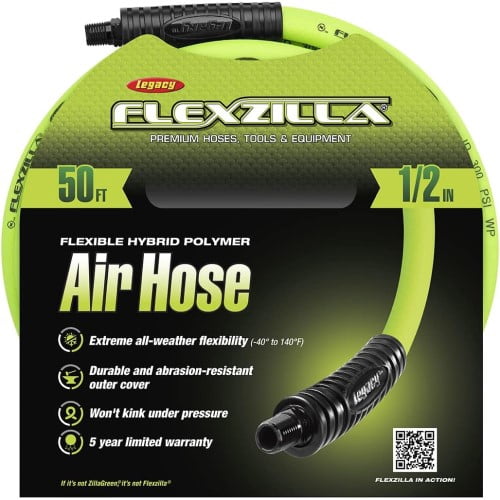 Flexzilla HFZ1250YW3 Air Hose, 1/2" x 50', 3/8" MNPT Fittings, Heavy Duty