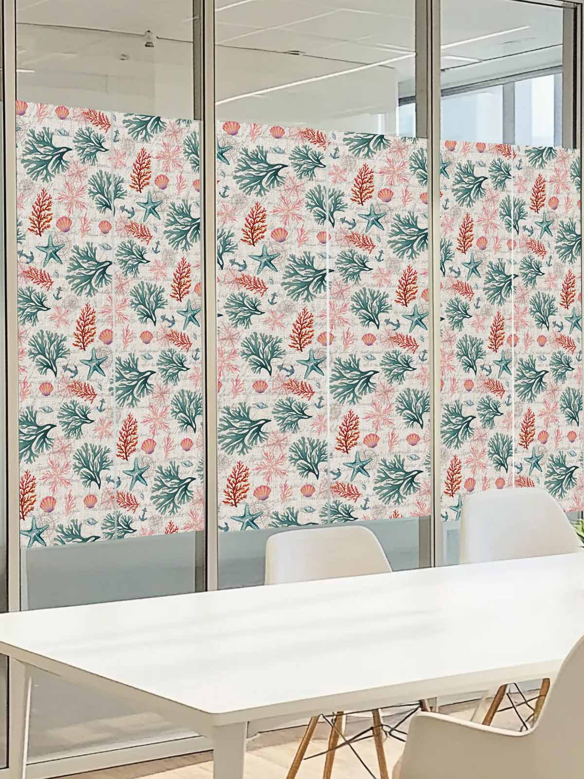 Coral Shell Window Privacy Film, Pink Green Red Coral Starfish Anchor Linen Texture Frosted Glass Window Clings Static Cling UV Heat Blocking Reusable Door Sticker for Bedroom 23.6x78.7 Inch
