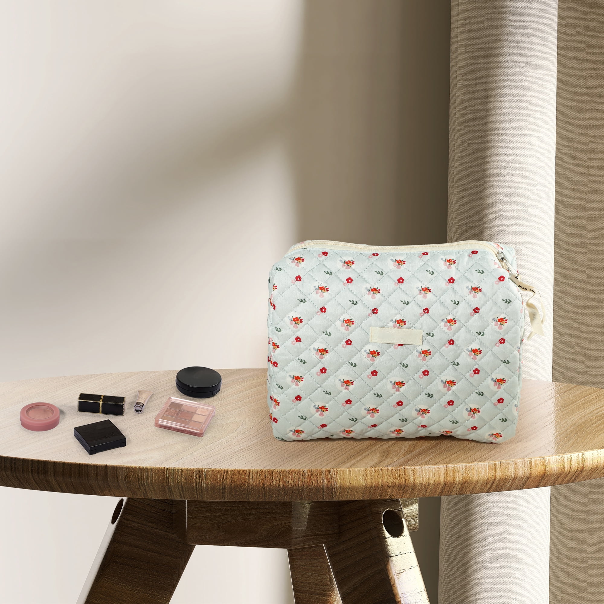 Unique Bargains Cotton Makeup Bag Large Travel Cosmetic Pouch Quilted Toiletry Bag Blue