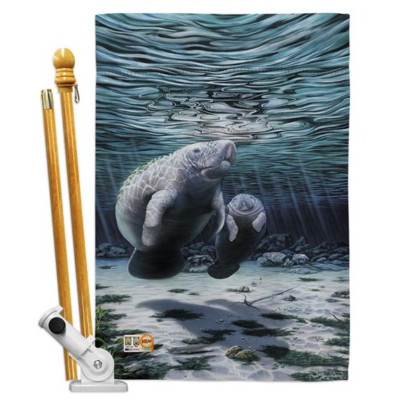 BD-SM-HS-107049-IP-BO-D-US16-AL 28 x 40 in. Lamantins Verticaux Impression Animaux Marins Côtiers Décoratifs Double Face Maison Drapeau Sertie de Poteau et Support Matériel