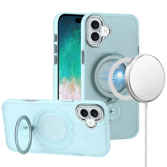 For iPhone 16 Plus 6.7 inch Hoop Kickstand [Magnetic Circle] HD Transparent Chrome Hybrid - Sky Blue