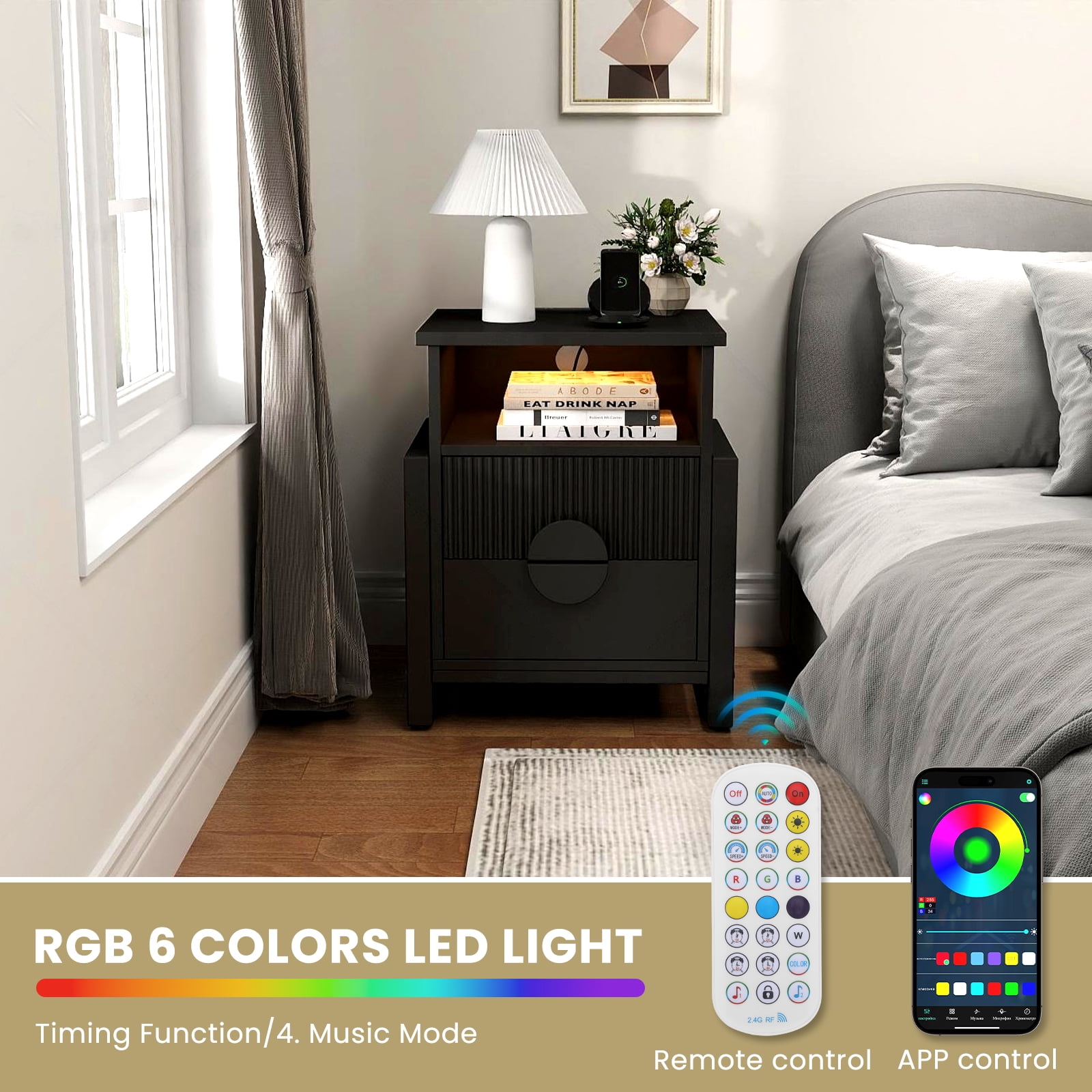 HolliWill Nightstand with Charging Station, 2 Drawer Dresser for Bedroom with LED Light, Fluted Bedside Table End Table Side Table for Living Room, Black