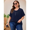 thumbnail image 2 of SHOWMALL Women's Plus Size Pleated Tunic Top, Navy Blue 3X Short Sleeve Scoop Neck Shirt with Decorative Buttons, Casual Loose Fit Summer Blouse, 2 of 8