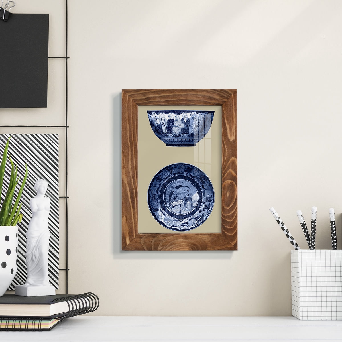 Porcelain in Blue and White II -Framed Print w/glass-Walnut
