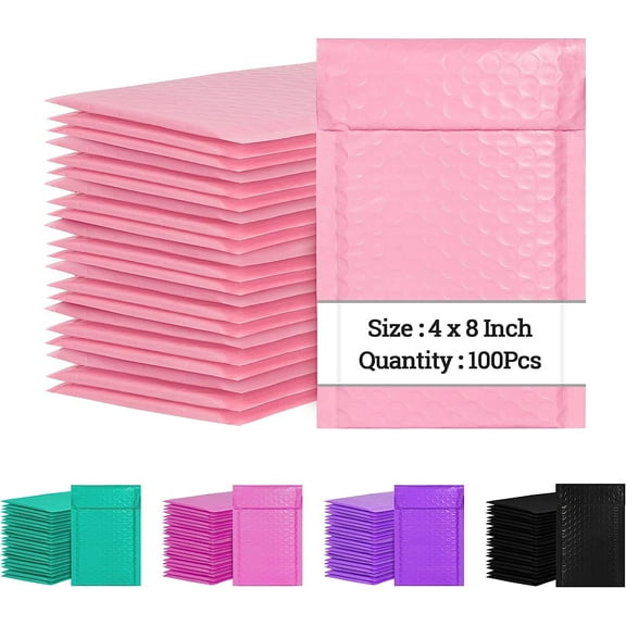 4 x 8 Inch Bubble Mailers 100 Pack, Self Seal Padded Envelopes for Small Business, Waterproof Shipping Bags, Light pink