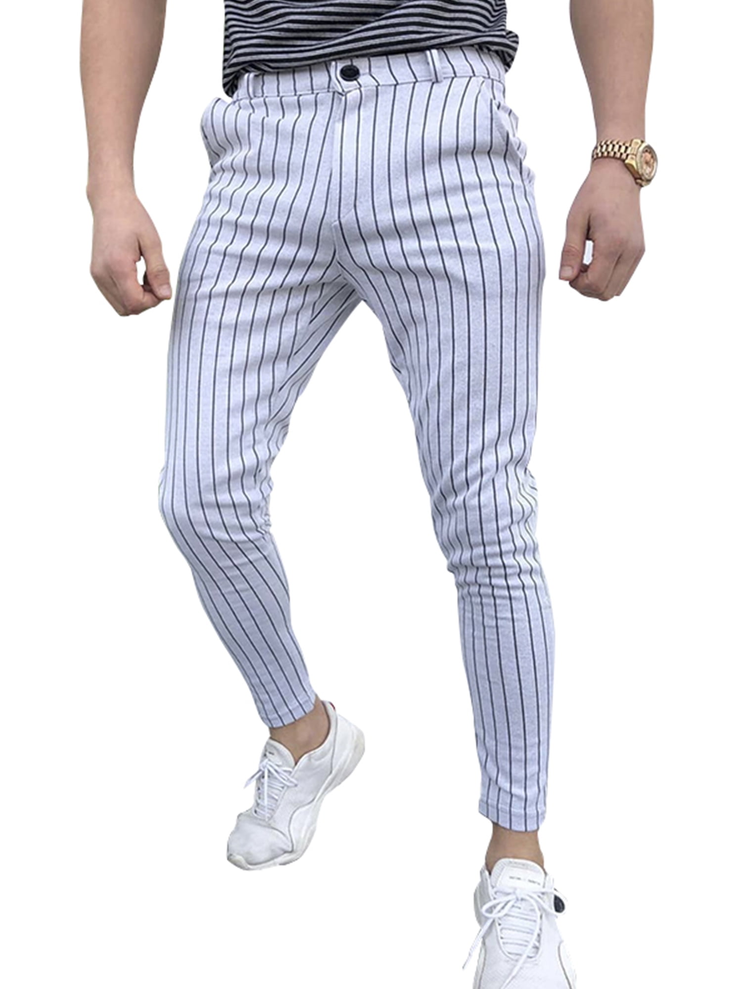 Mens Slim Fit Pants Skinny Formal Casual Zipper Stretch Solid Summer Trousers 