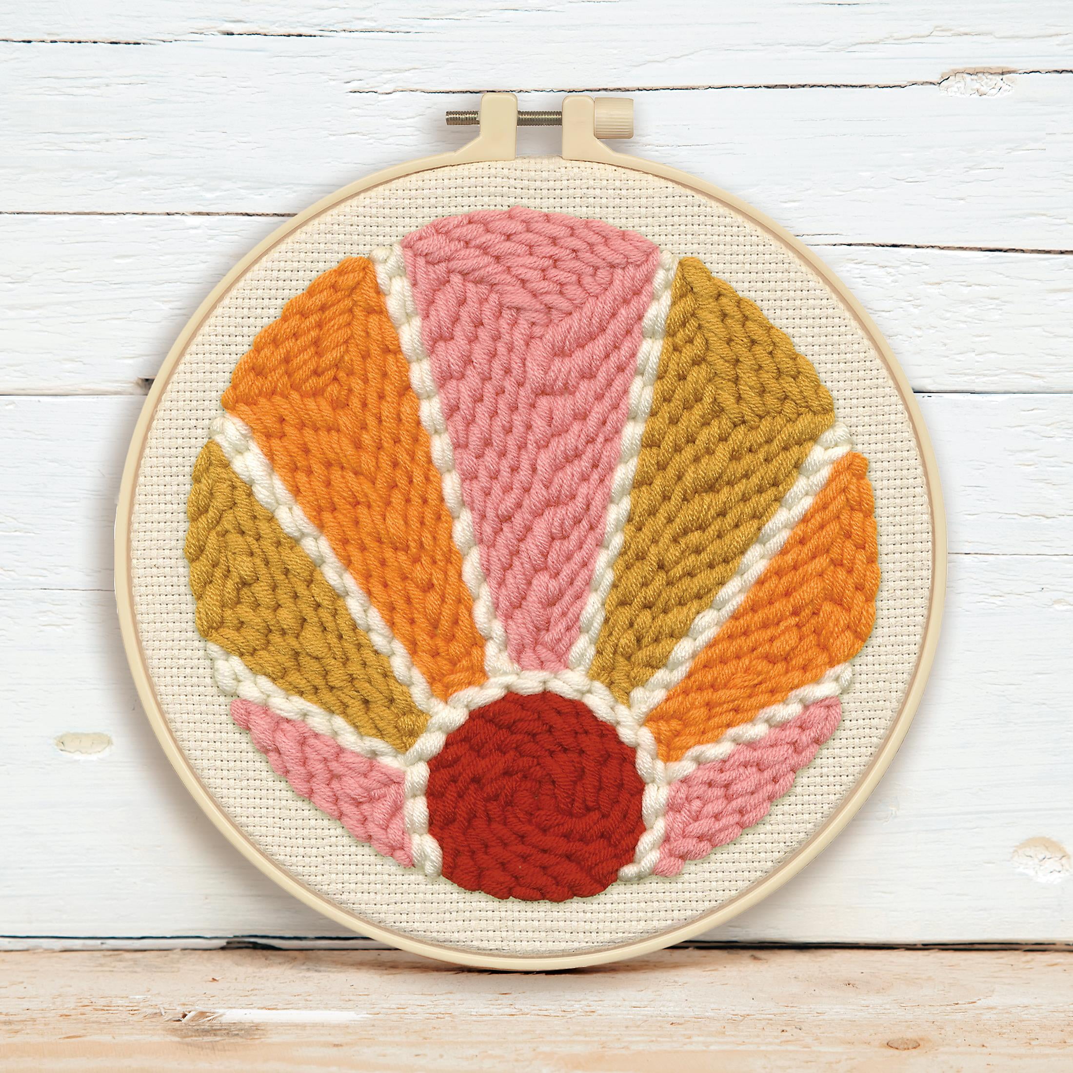 Hillfolk Punch Needle Sun Kit- Includes 8" Plastic Hoop, Printed Fabric, Yarn, Punch Needle Tool And Instructions. Makes On 8" Punch Needle Design.