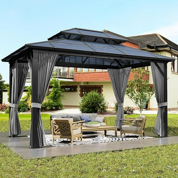 10'x12' Hardtop Gazebo Outdoor Polycarbonate Patio Double Top Canopy Galvanized Iron Aluminum Column Garden Tent Curtains Netting for Backyards Decks Lawns, Gray